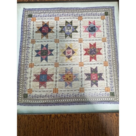 Vintage ? Framed Quilt Star Patchwork Print Wall Art 10"x10" With Rustic Wooden - Picture 7 of 16
